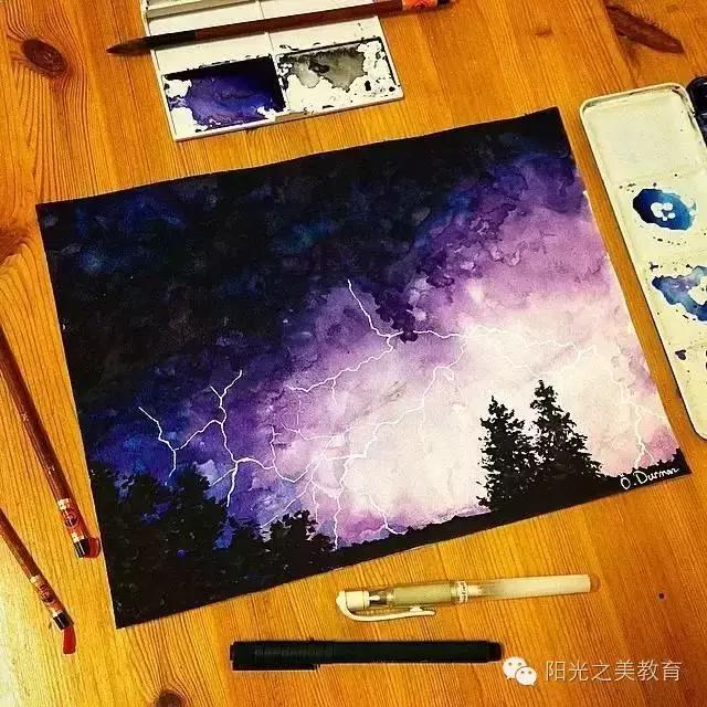 漂亮的水彩星空,冷色系的水彩星空简单