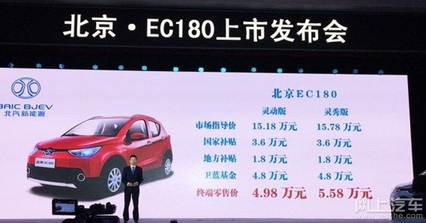 北汽新能源纯电动车EC180上市,补贴后售4.98万起!