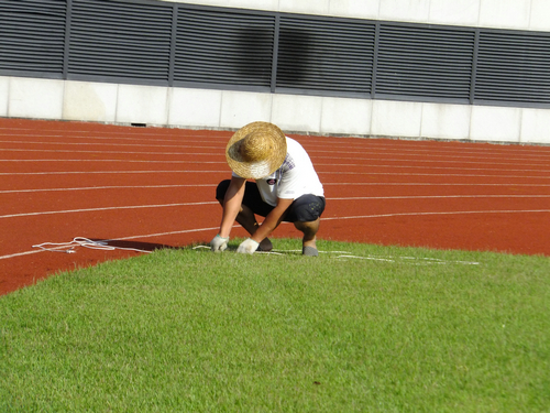 实拍深圳宝安体育馆足球场景观，有工人在维护有市民在跑步