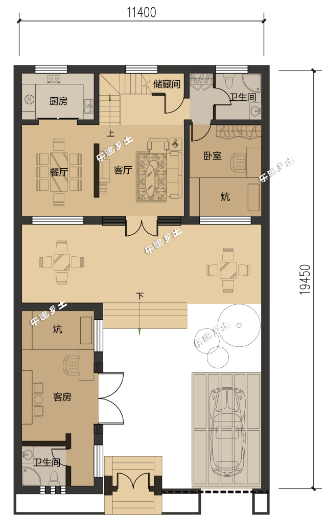 12x13米宅基地带院子自建房平面图,19x11米大客厅二层别墅效果图