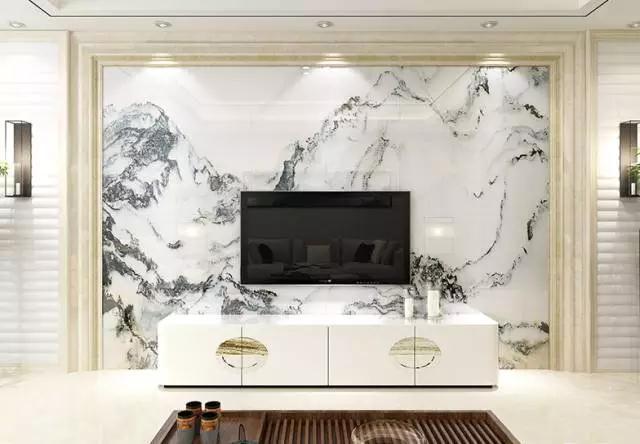 蓝色微晶石背景墙装修效果,微晶石新中式客厅电视背景墙