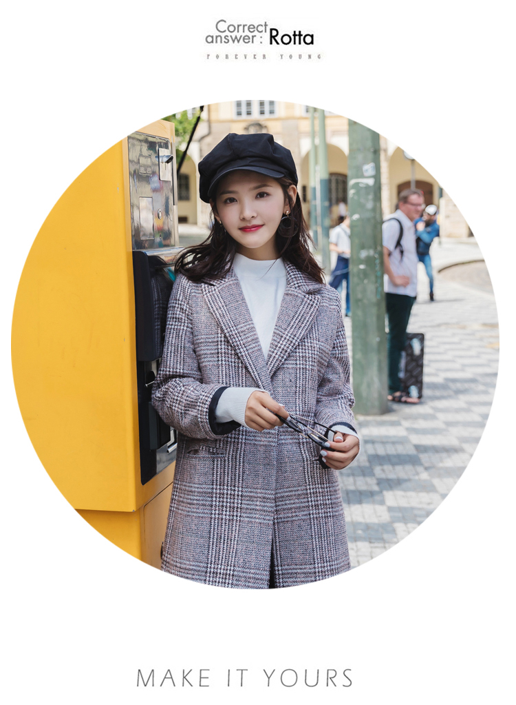 长款毛呢女外套，千鸟格加厚呢子大衣