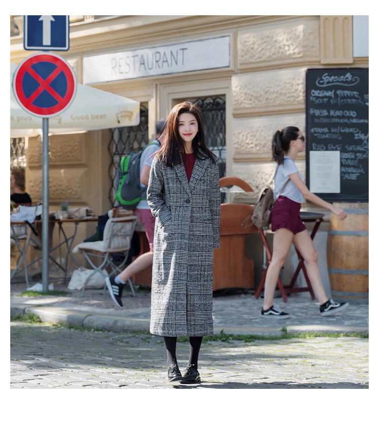 长款毛呢女外套，千鸟格加厚呢子大衣