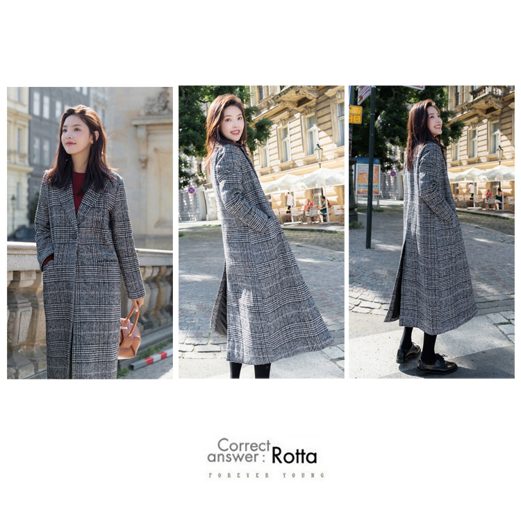长款毛呢女外套，千鸟格加厚呢子大衣