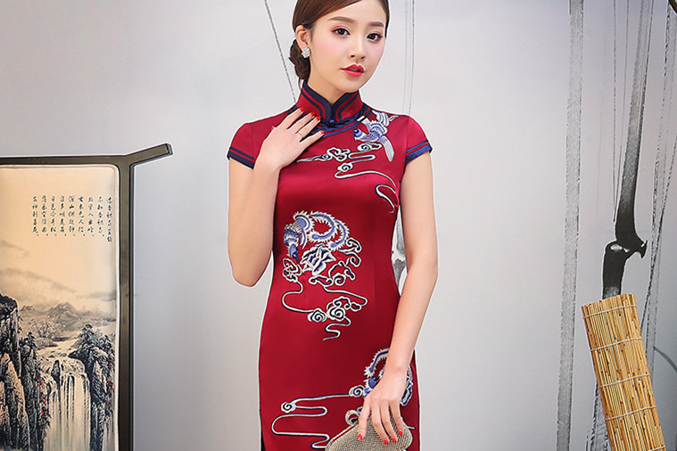 传统中式复古中长款优雅旗袍,中国风桑蚕丝复古高端旗袍