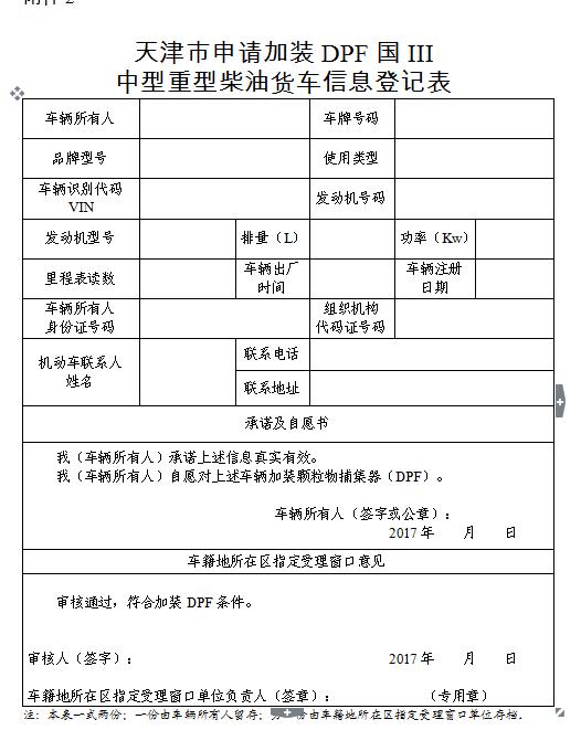 天津市国Ⅲ中型重型柴油货车加装颗粒物捕集器（DPF）的通告