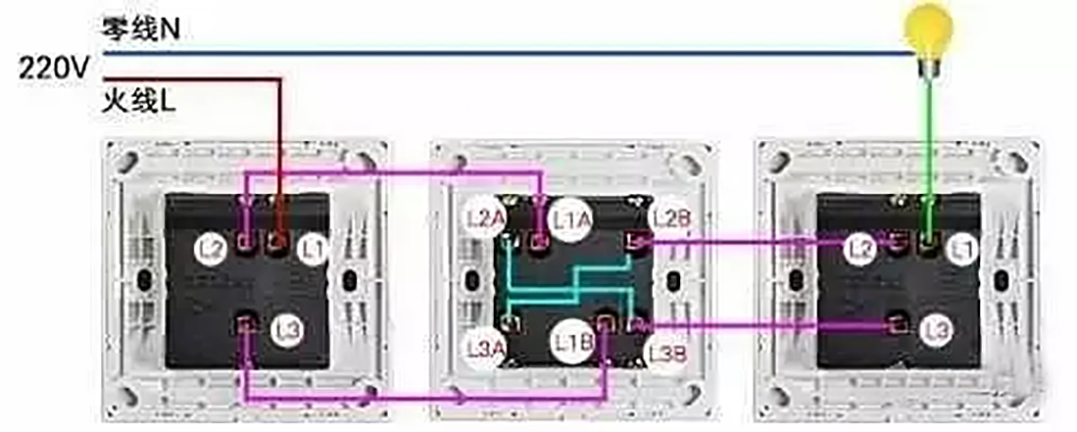 电工实操接线图一灯三控,电工知识一灯双控三控四控