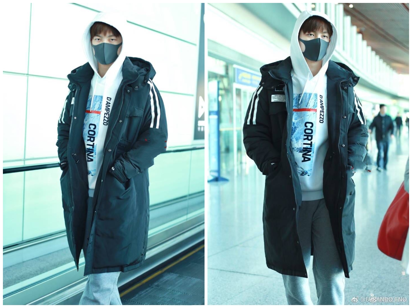 董力穿蓝色羽绒服,董力穿黑色毛呢外套