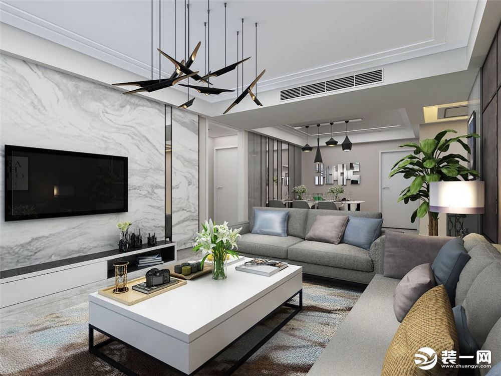客厅背景墙设计帅气爆棚，青岛鲁润静园146㎡，现代硬包预算10万