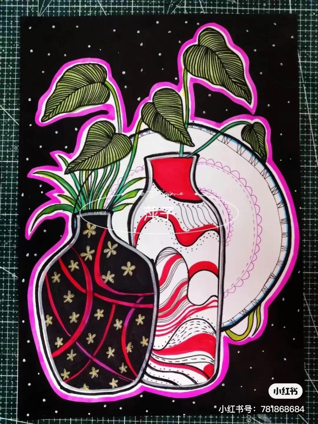 花卉简单线描创意画,花草线描画装饰