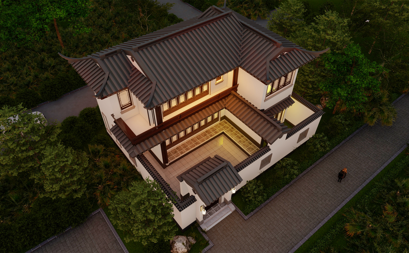 青砖四合院中式别墅户型图三层,中式合院自建房风雨连廊设计多宽