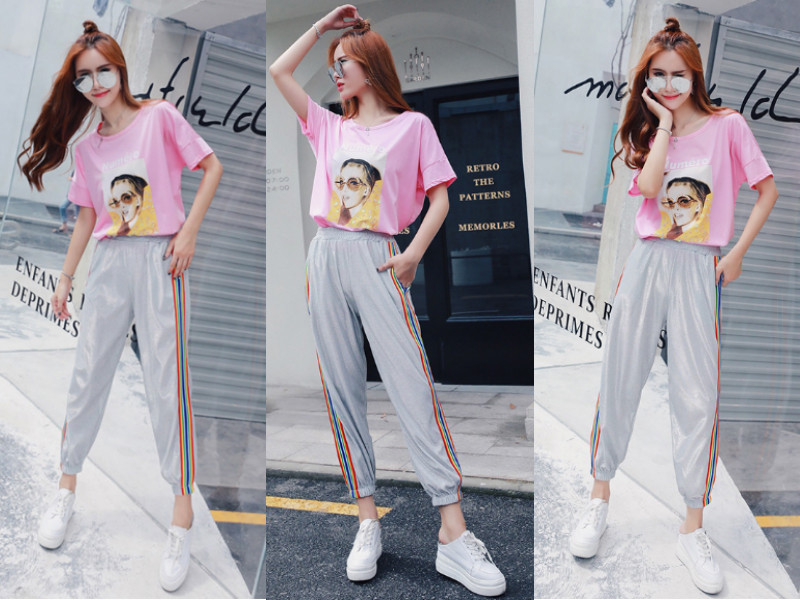 高腰哈伦裤女搭配短衣服,格子束脚哈伦裤搭配短装t恤