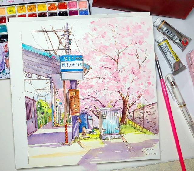 简单清新水彩画日漫,日本水彩风景画教程