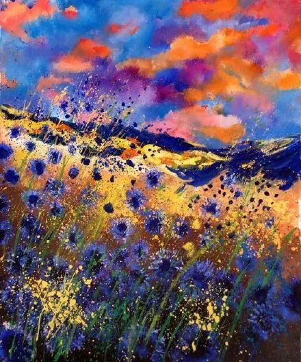 诗意油彩让人沉醉的蓝色矢车菊