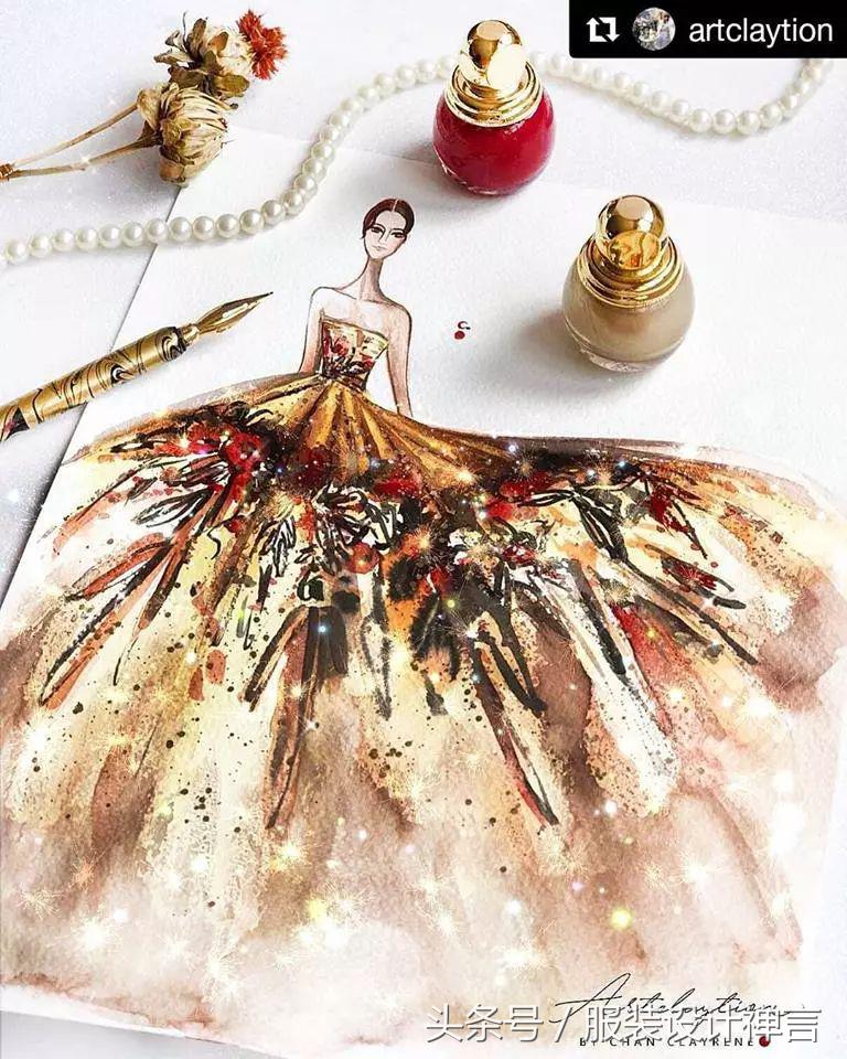 时装手绘|用指甲油画出高定时装的新加坡女插画师ChanClayrene