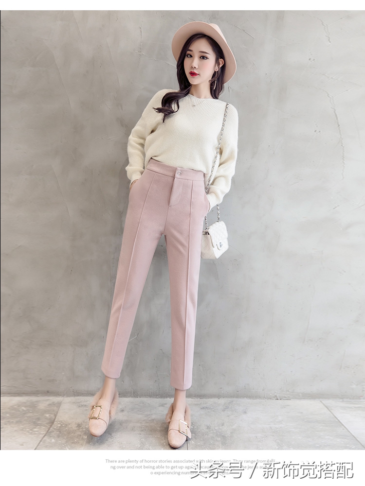 杏色显瘦哈伦毛呢裤穿搭,早秋西装哈伦裤显瘦气质款