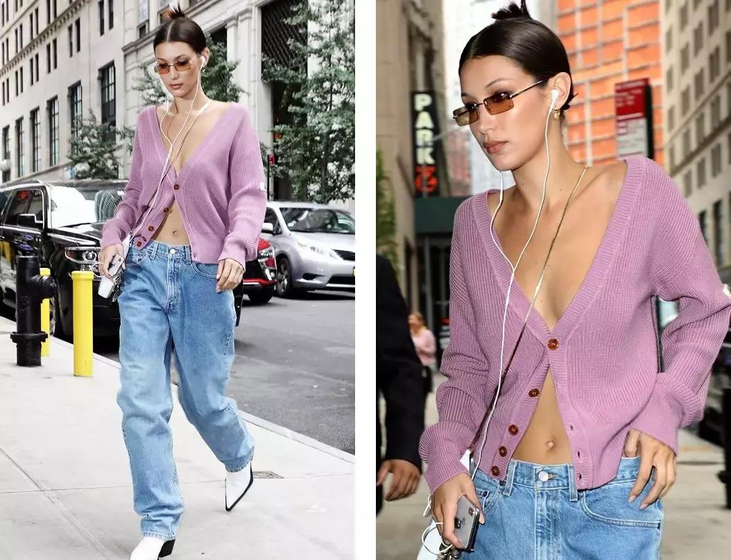 贝拉哈迪德穿深v套装,贝拉哈迪德夏季开衫