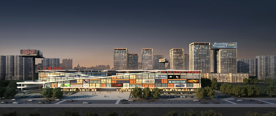 商场建筑外观效果图,三层框架式商场外观图