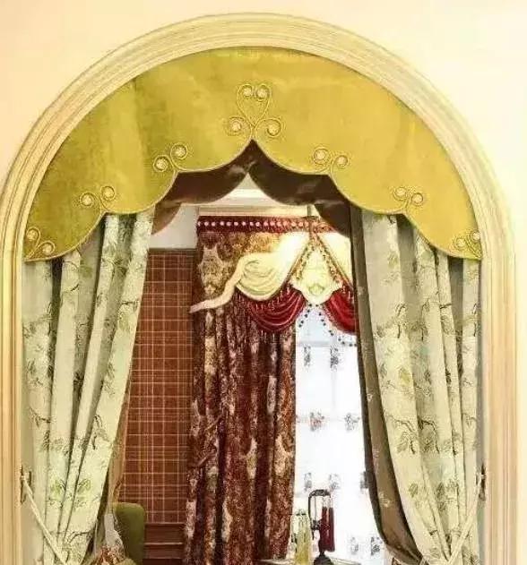 半圆弧窗幔窗帘效果图,别墅窗纱幔头效果图