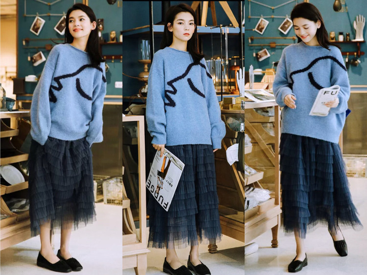 灰色毛衣白色半身长裙,毛衣半身长裙搭配