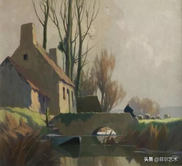 极简油画金色麦田和山,以红蓝为基调的风景油画