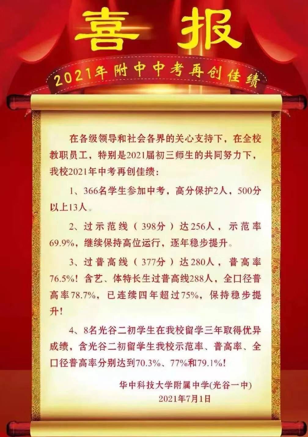 2021年武汉市初中中考成绩发布，这三所公办初中普高率超过75%