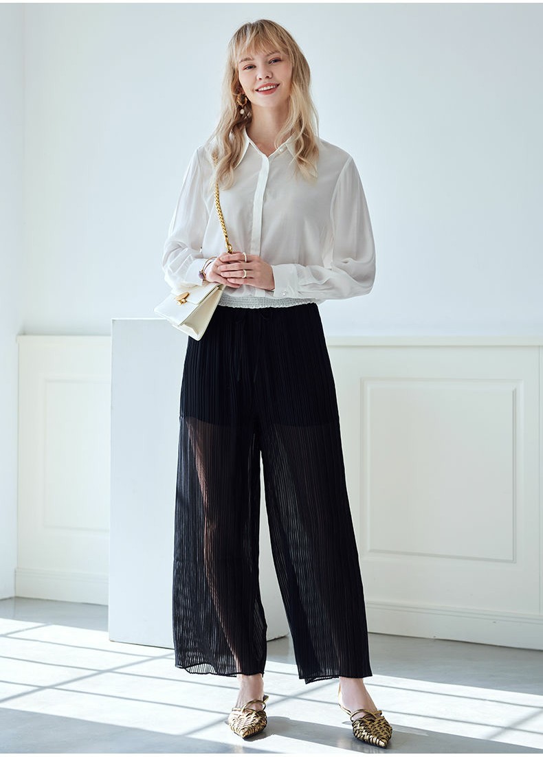 黑色高腰阔腿裤雪纺显瘦又显高,垂顺阔腿裤雪纺显瘦