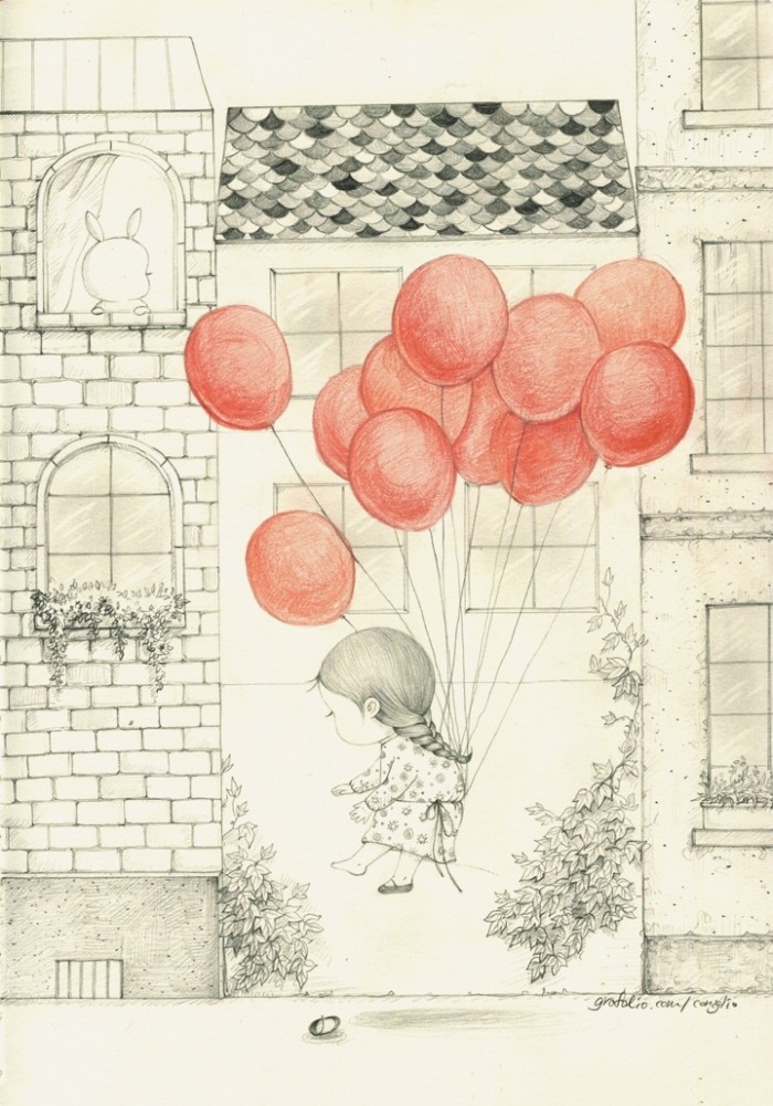 少女与兔子插画,兔子手绘创意插画