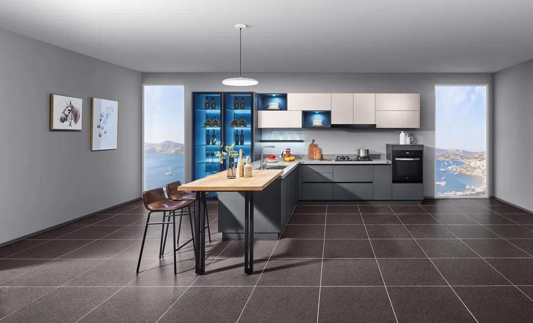 厨房设计吧台最新款,厨房直角吧台和推拉门一体效果图