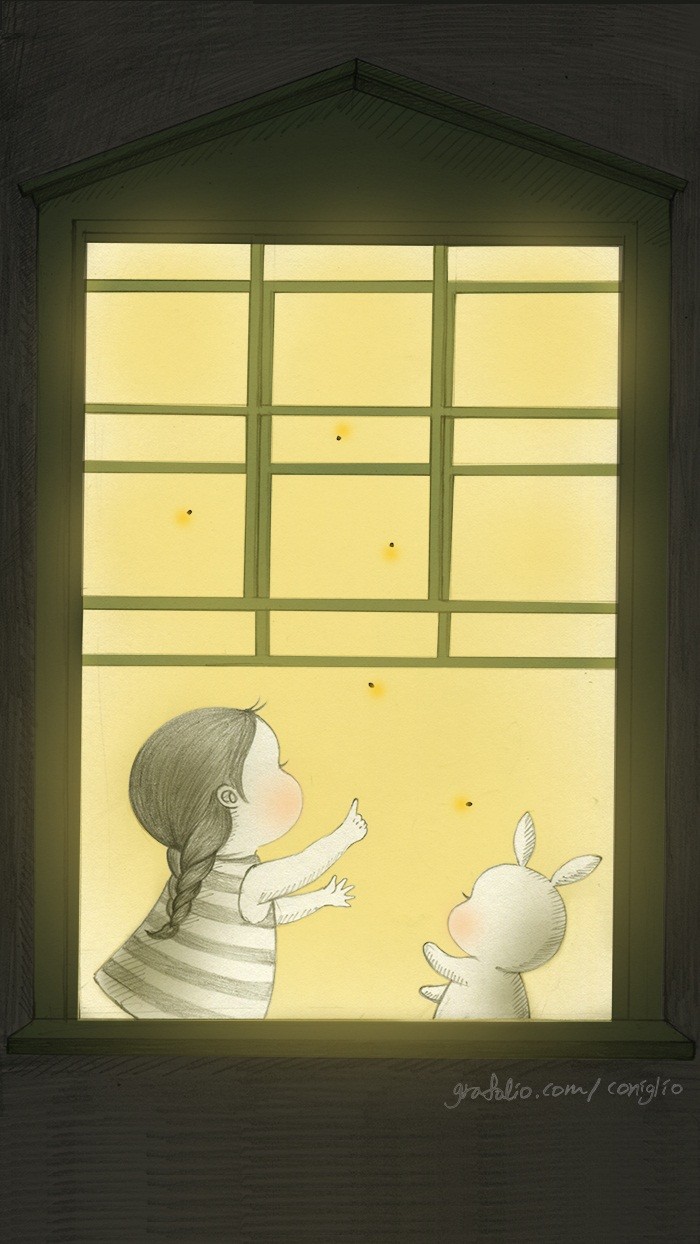 少女与兔子插画,兔子手绘创意插画