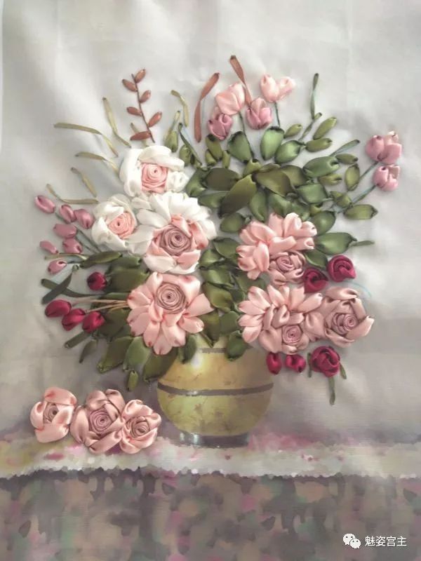 丝带绣盘结玫瑰花绣法图解,丝带绣图案教程牡丹