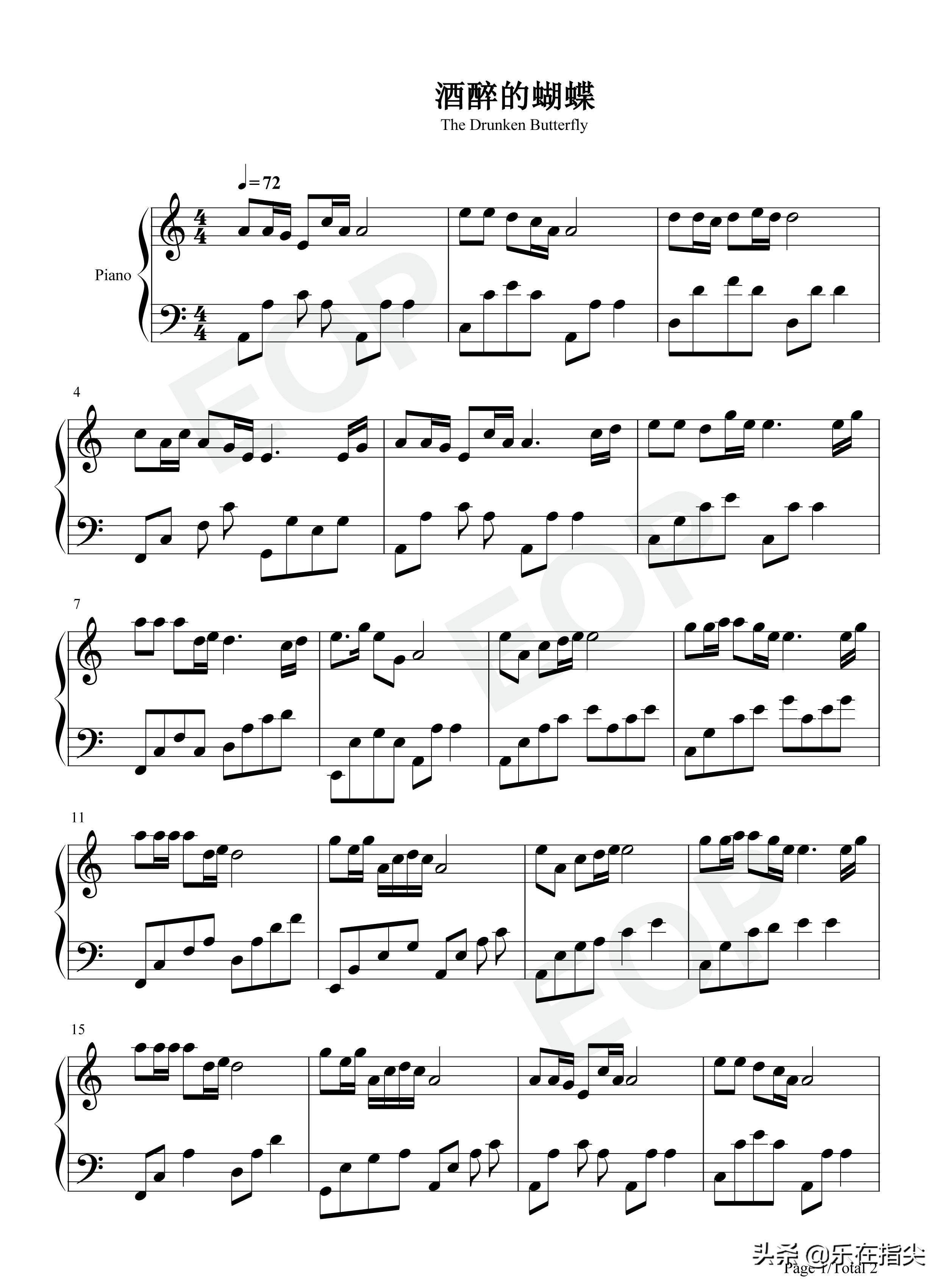 酒醉的蝴蝶双手电子琴五线谱,酒醉的蝴蝶简谱钢琴版歌谱