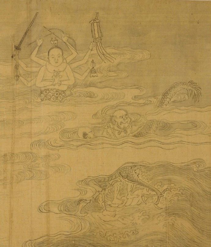 清代仿李公麟的白描长卷十八罗汉图，虽是仿作但还有些原作的风貌