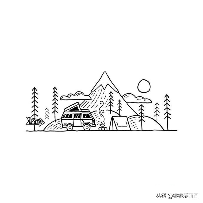 用铅笔就能画的超简单风景简笔画,儿童公园简笔画彩色场景风景人物