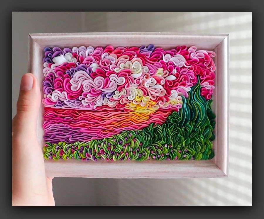 轻粘土手工风景画作品,超轻粘土制作简单的风景画