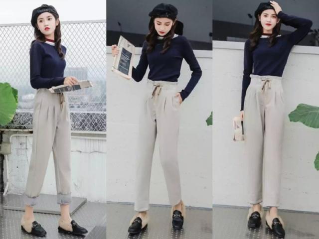 马蹄裤小白鞋怎么搭配好看,高腰阔腿裤潮鞋女士穿搭