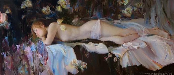 俄罗斯艺术家AydemirSaidov的人体绘画,花间的美丽少女