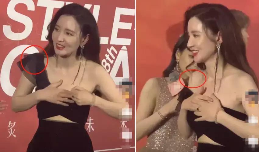 39岁张萌走红毯，单薄上衣靠一根肩带支撑，意外断裂匆忙离开