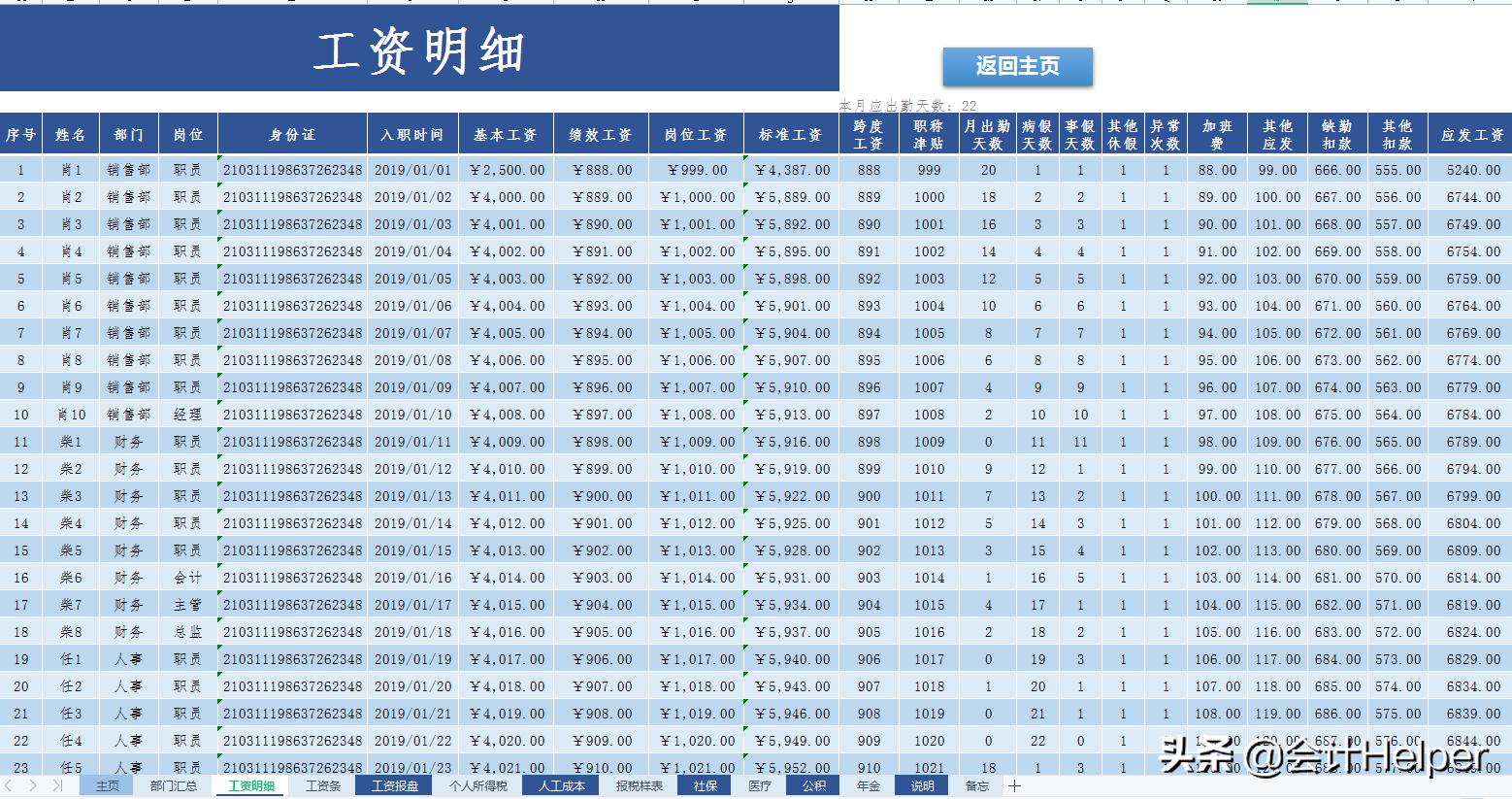最新版薪酬工资管理系统，个税五险一金自动统计，一键生成工资条