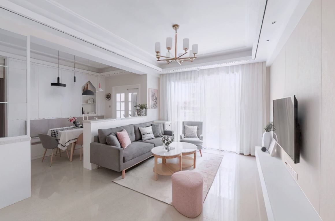 无阳台客厅装修88平米,无阳台轻奢风装修三室两厅实景