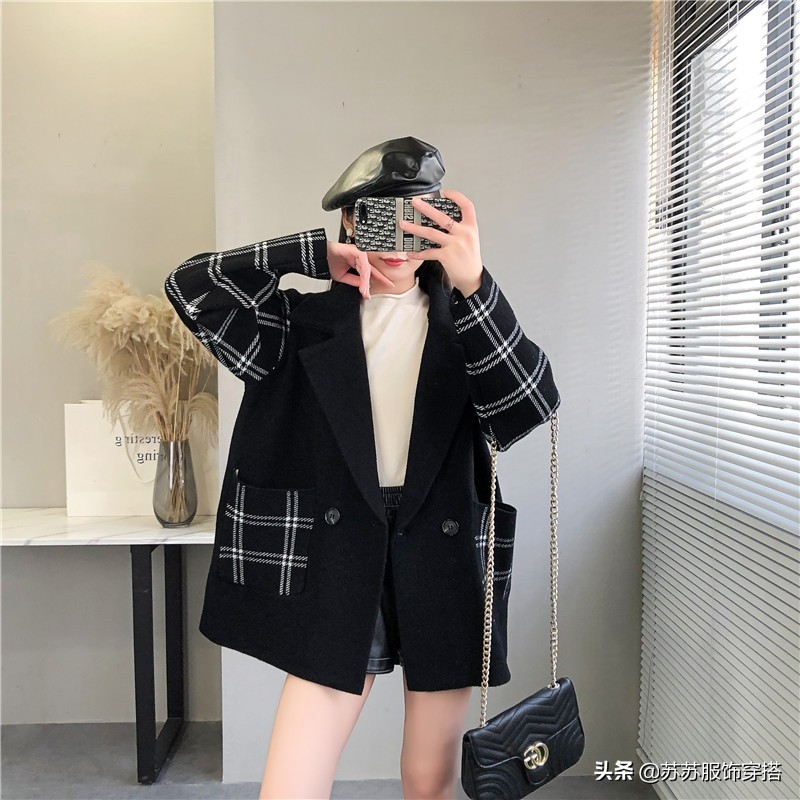 时尚西装领格子外套女秋冬新款韩版宽松小个子呢子大衣