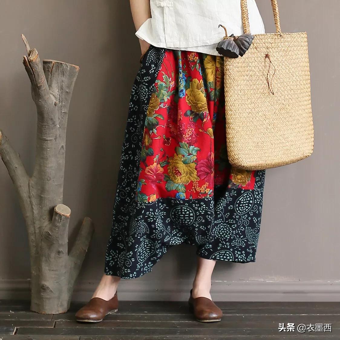 复古拼接不规则格子高腰裙裤,时尚超垂感大摆裙裤