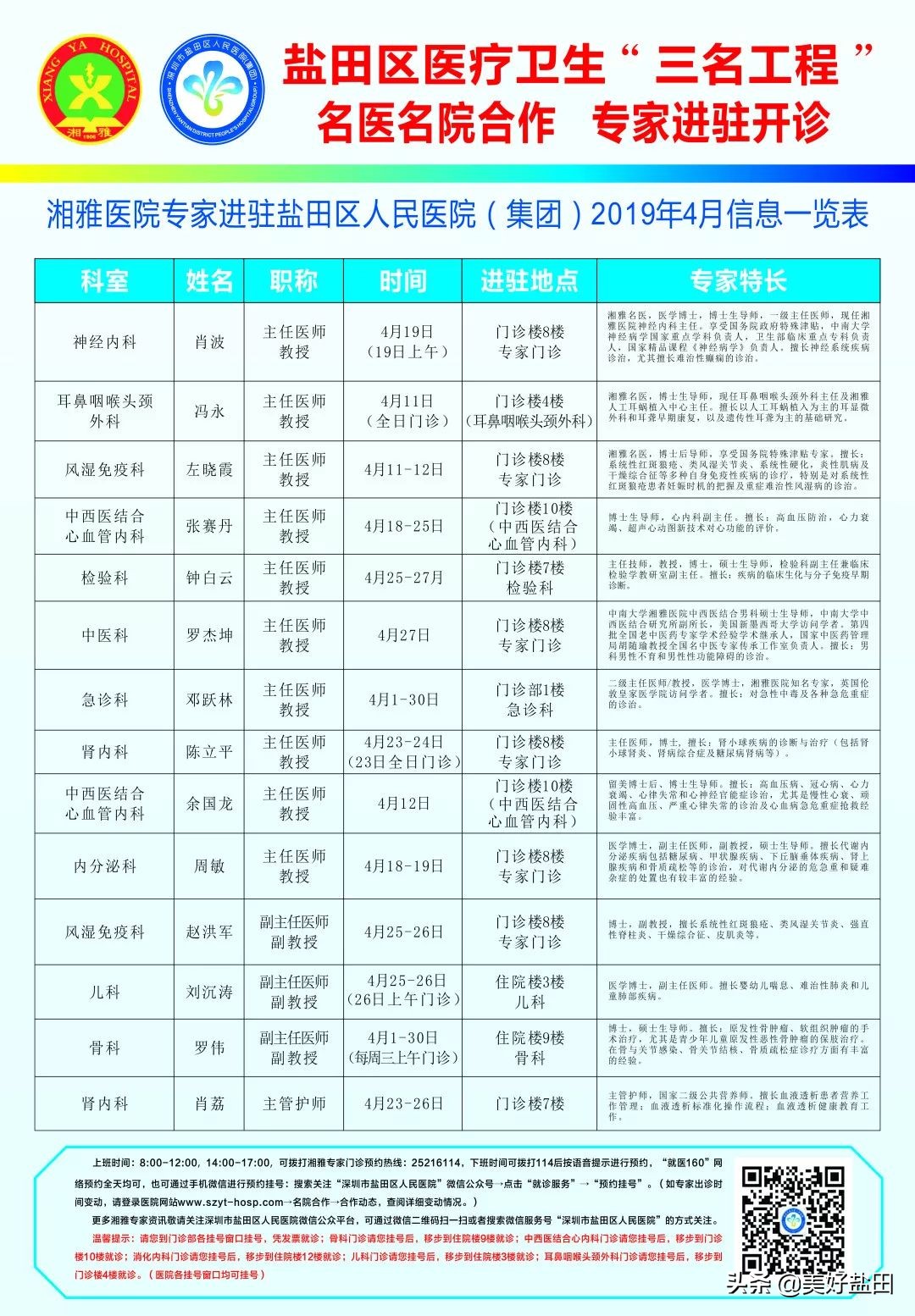这些名医到家门口坐诊了！4月湘雅专家进驻坐诊信息看这里