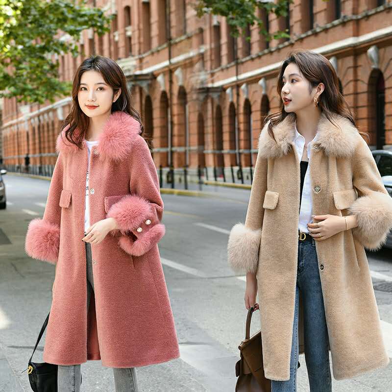 2020款秋冬皮草爆款皮毛一体,麂皮绒皮毛一体外套中长款狐狸毛