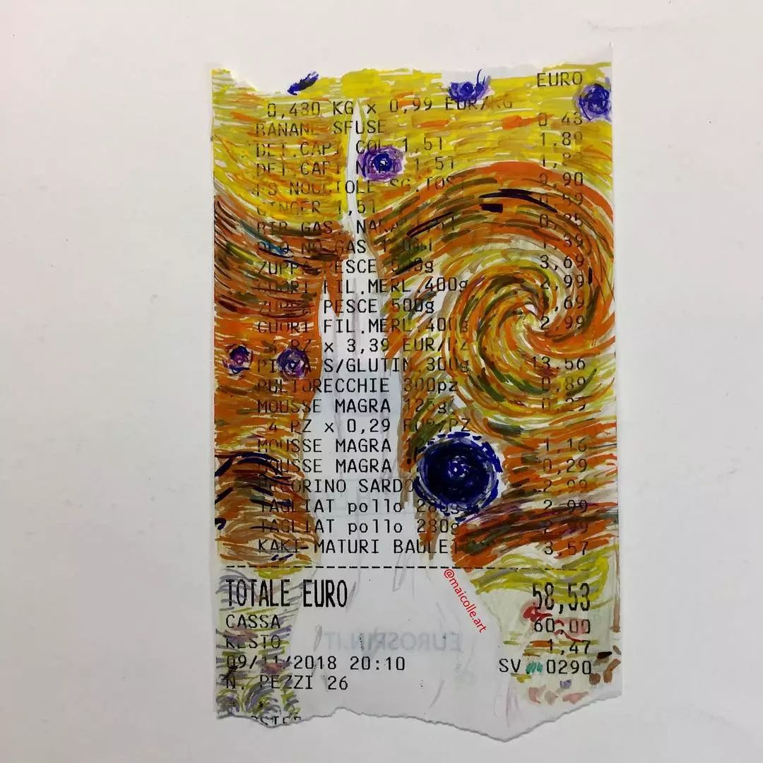 画纸用光了？多去几趟超市就有了。他把购物小票秒变成世界名画