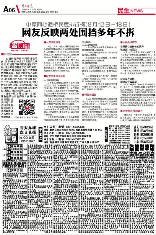 心通桥*意民**排行榜（8月12日-8月18日）：网友反映两处围挡多年不拆