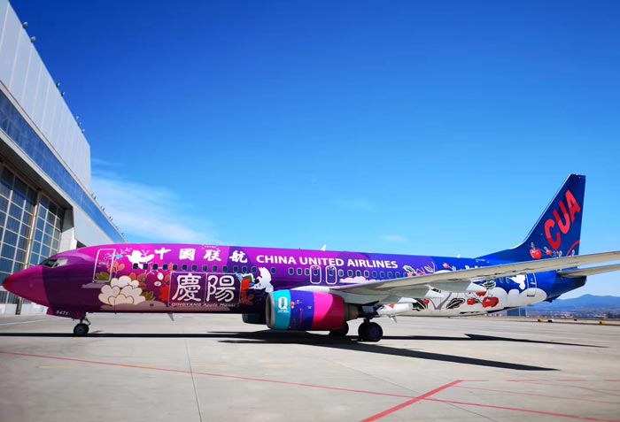 全球首架进博号彩绘飞机视频,中国联合航空庆阳号模型