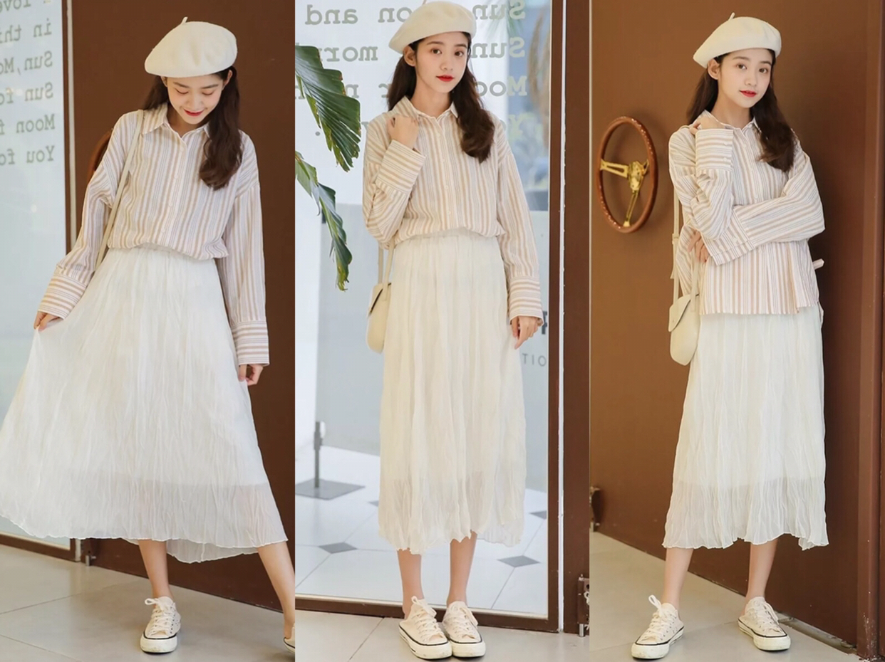 黑色雪纺衫上衣搭配百褶裙,雪纺半身百褶裙的穿搭方法夏季