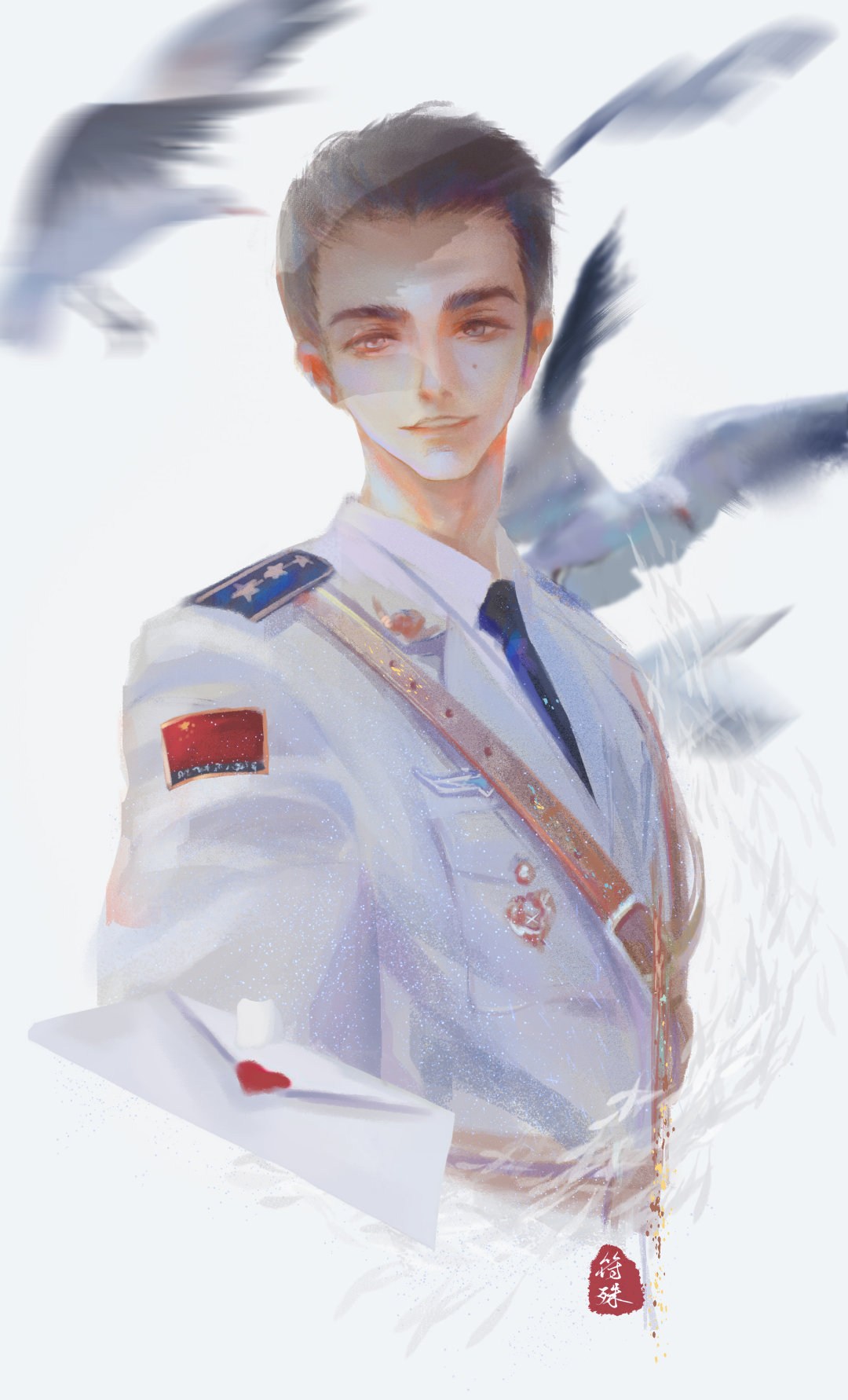 致边防军人的插画,军人和国旗插画