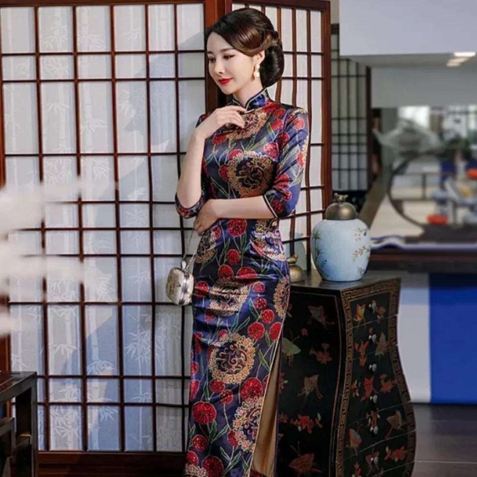 金丝绒旗袍打理,高档金丝绒旗袍长款长袖